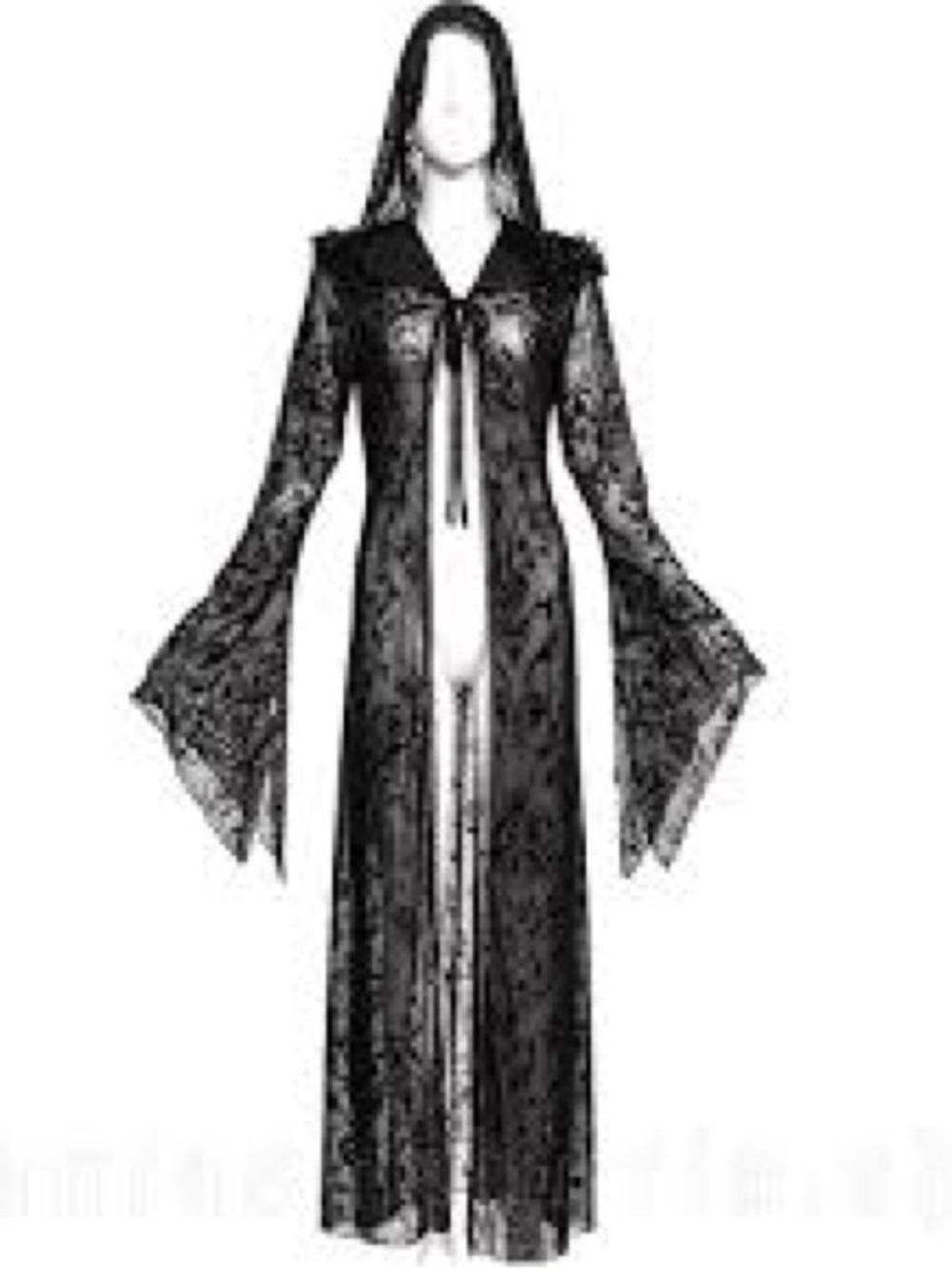 EUC Halloween Costume Long Sheer Lace Robe with Dramatic Bell Sleeves - Black